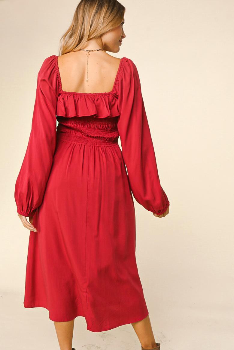 BURGUNDY SMOCKING FIT & FLARE WITH SIDE POCKETS DRESS