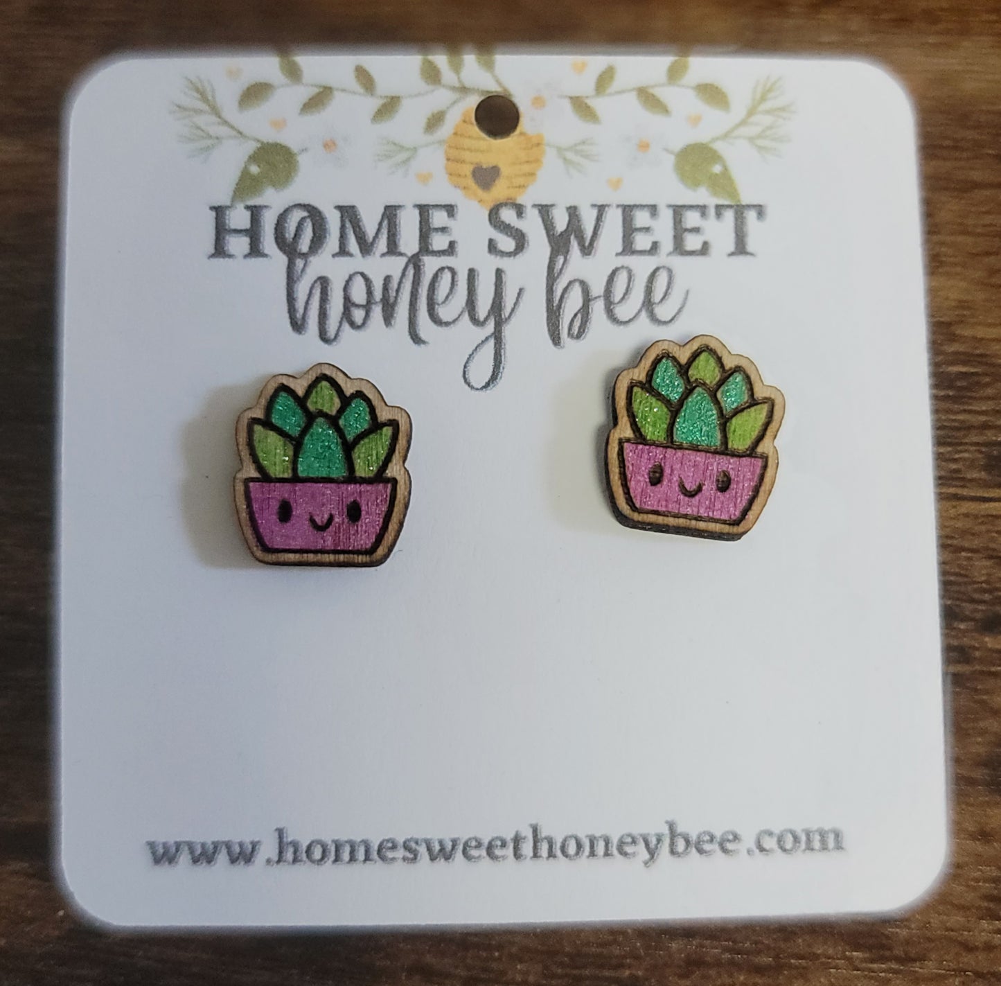 Wooden Succulent Stud Earrings