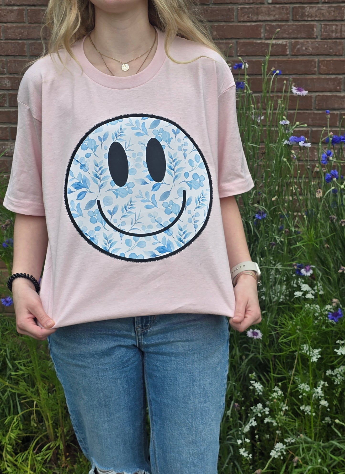 Blue Floral Happy Face Tee