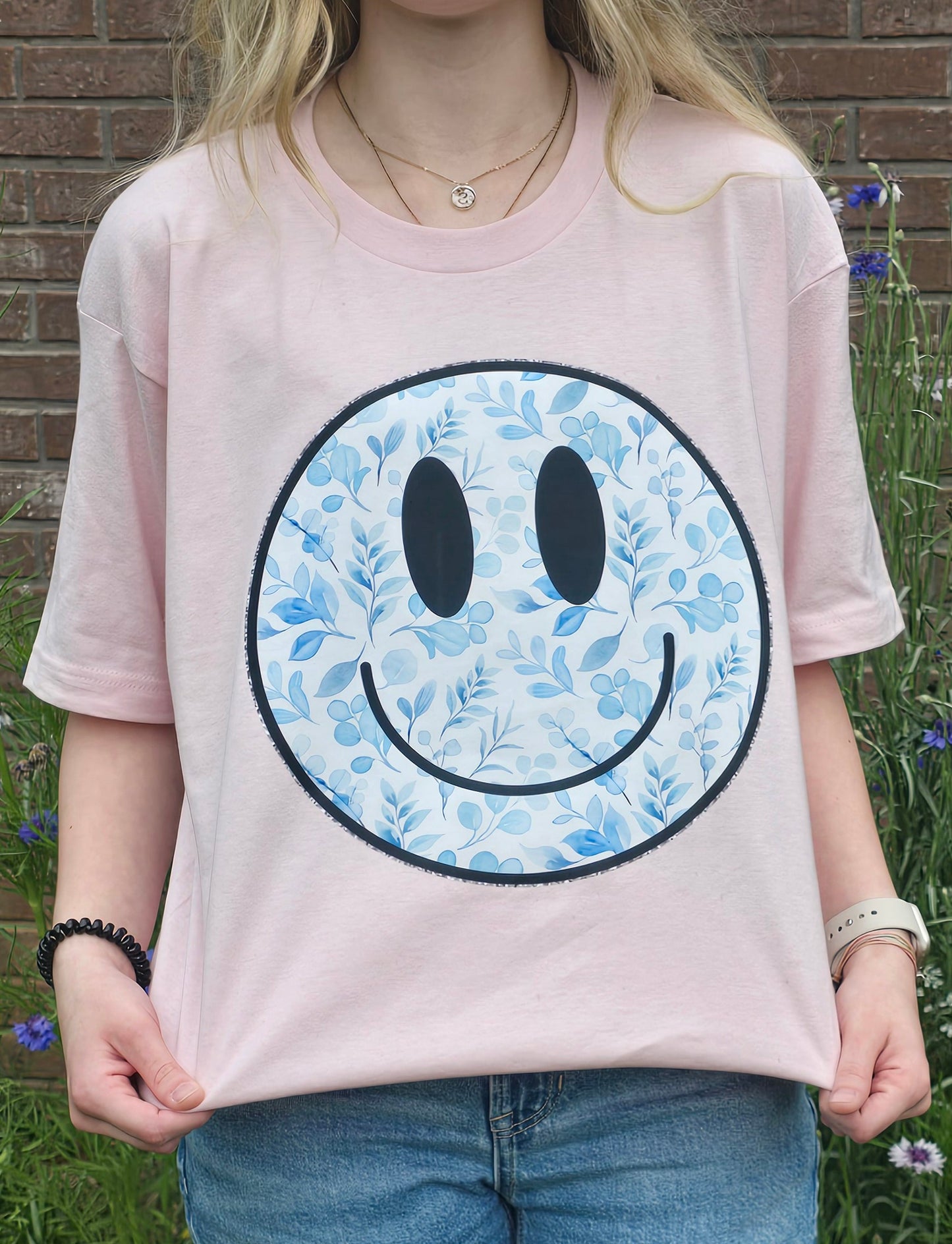Blue Floral Happy Face Tee