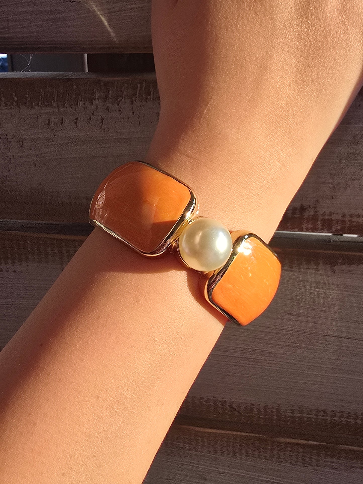 Orange & Goldtone Bangle With Large Faux Pearl