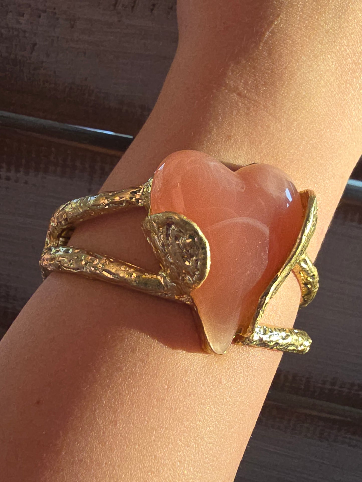Large Stone Heart Hammered Goldtone Bangles