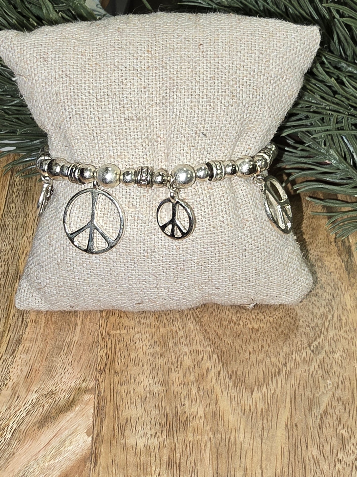 Silvertone Beaded Peace Sign Bracelet