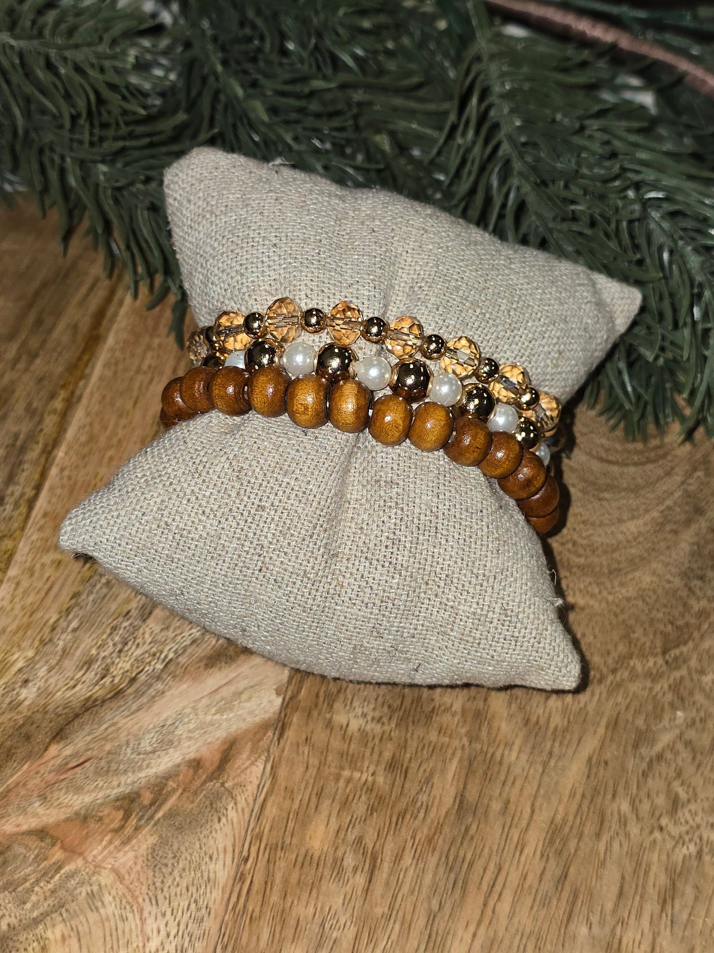 Set of 3 Mix Bracelets(Wooden Bead & faux pearl)
