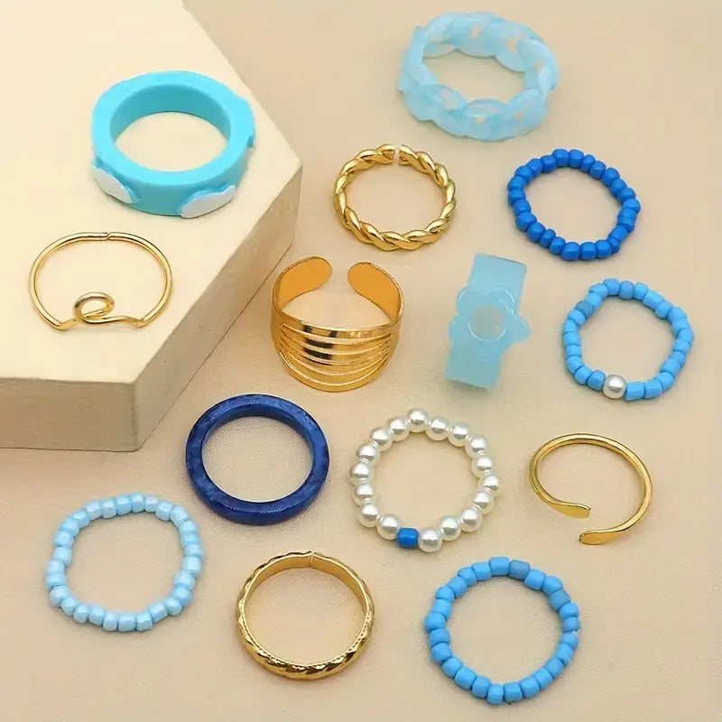 Spring Trendy Resin Ring Sets 14 Pieces