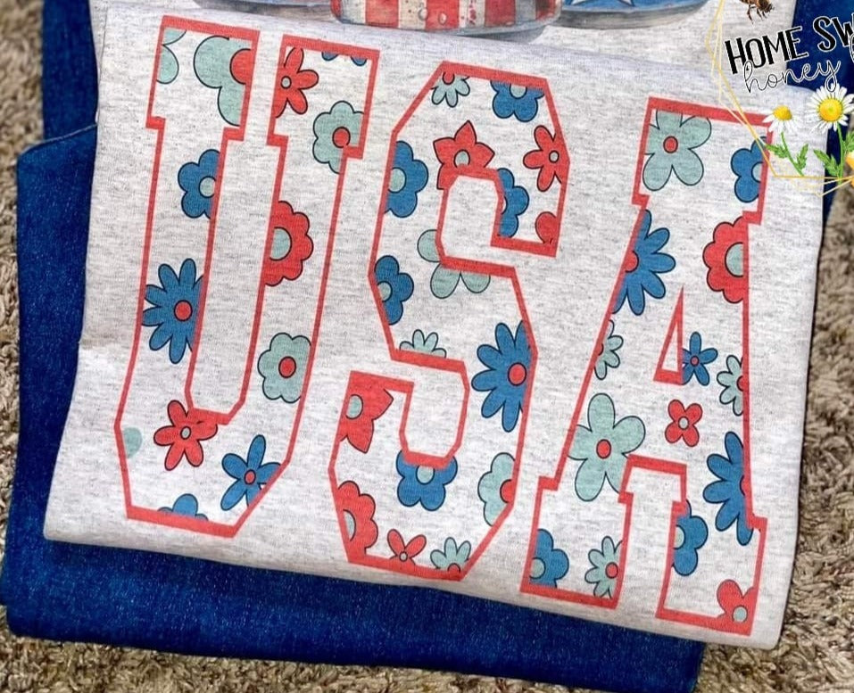 USA Floral Outline Tee