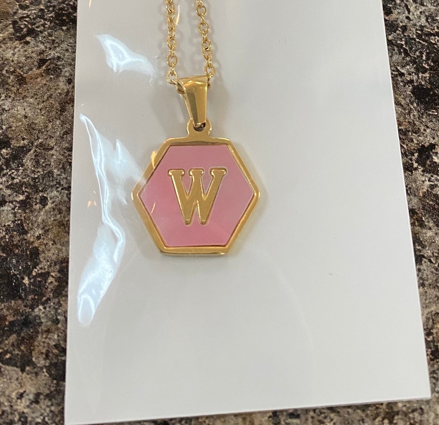 Pink Goldtone Hexagon Initial Necklace