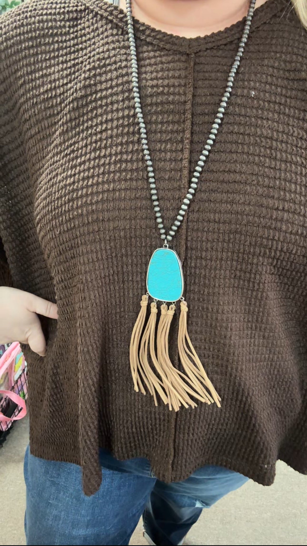 Turquoise Leather Fringe Necklace and Earrings