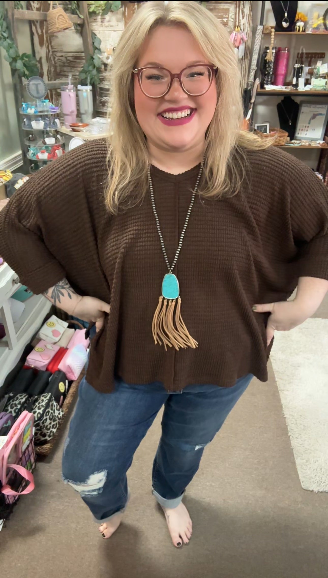 Turquoise Leather Fringe Necklace and Earrings