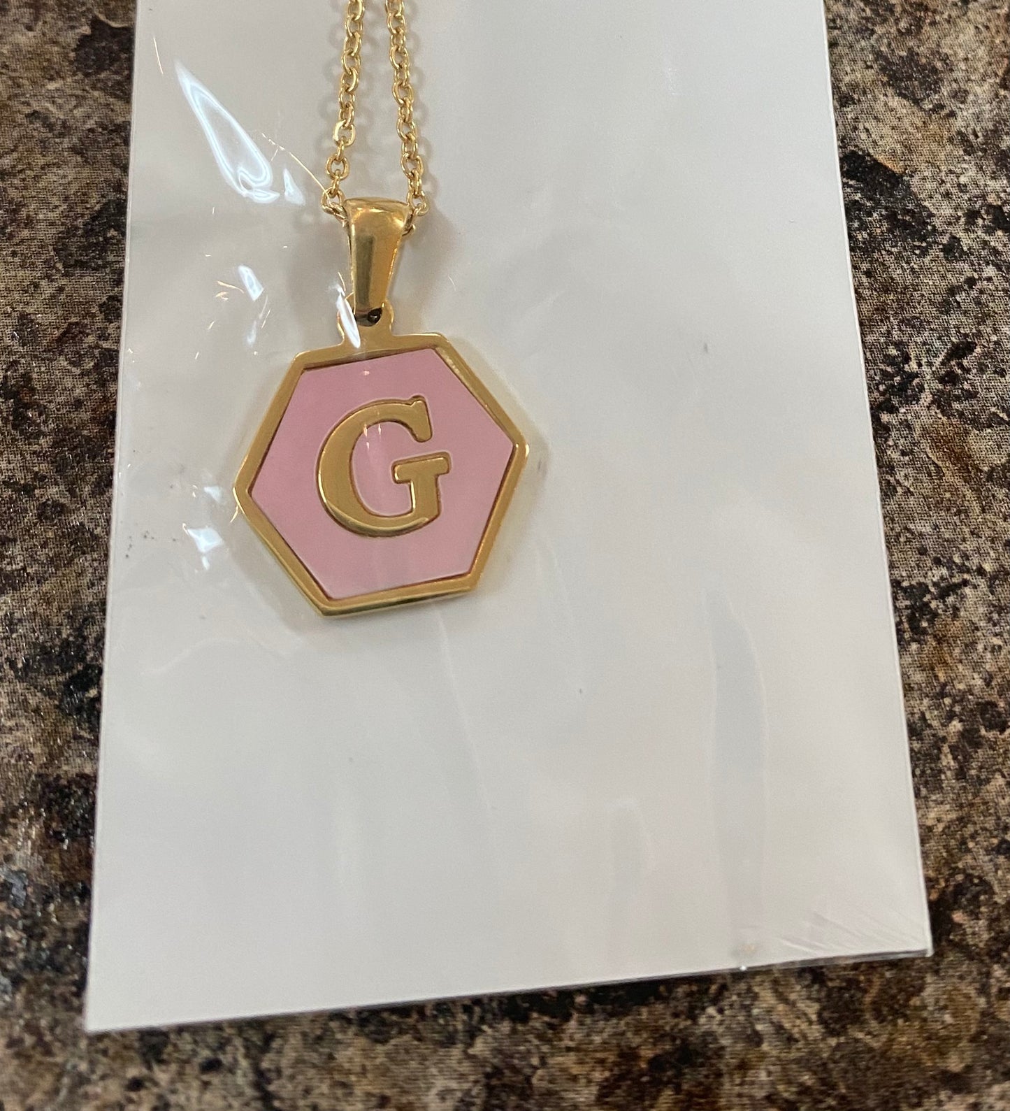 Pink Goldtone Hexagon Initial Necklace