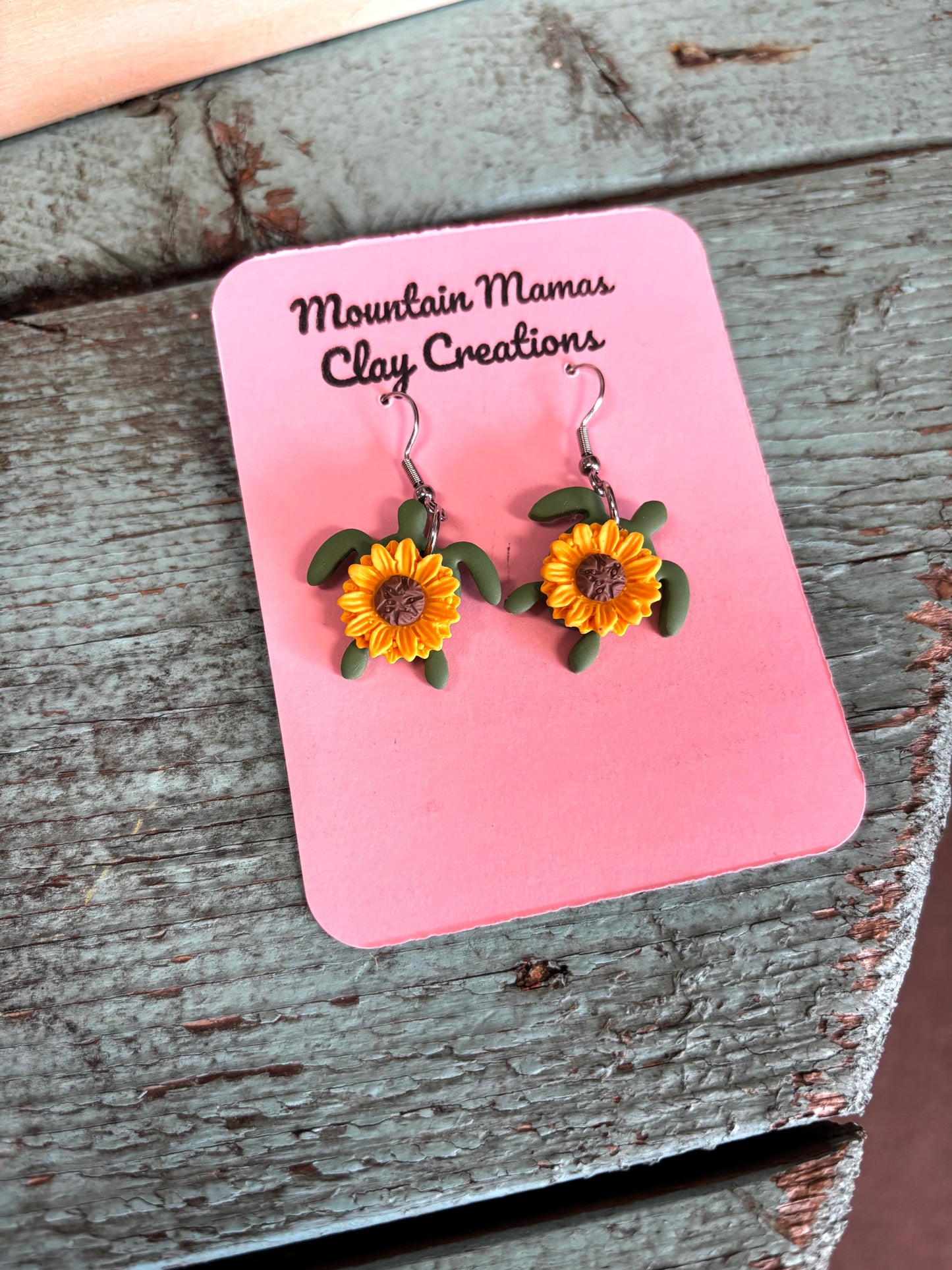 Sunflower Sea Turtle Dangle Clay Earrings