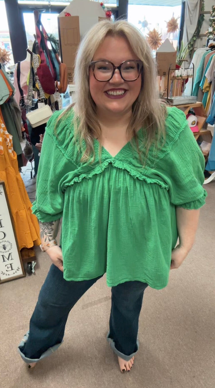 Green Gauze Vneck Top