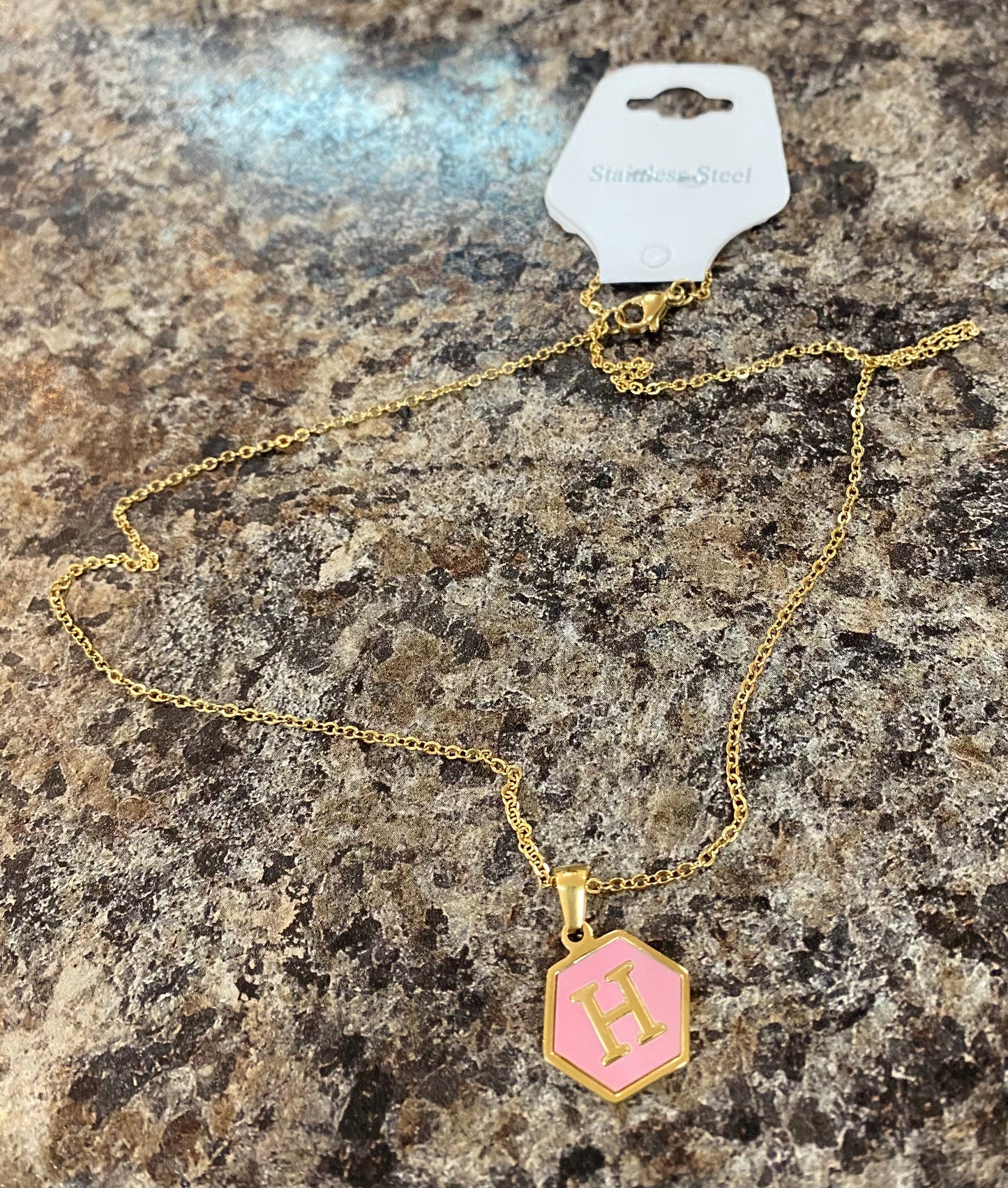 Pink Goldtone Hexagon Initial Necklace