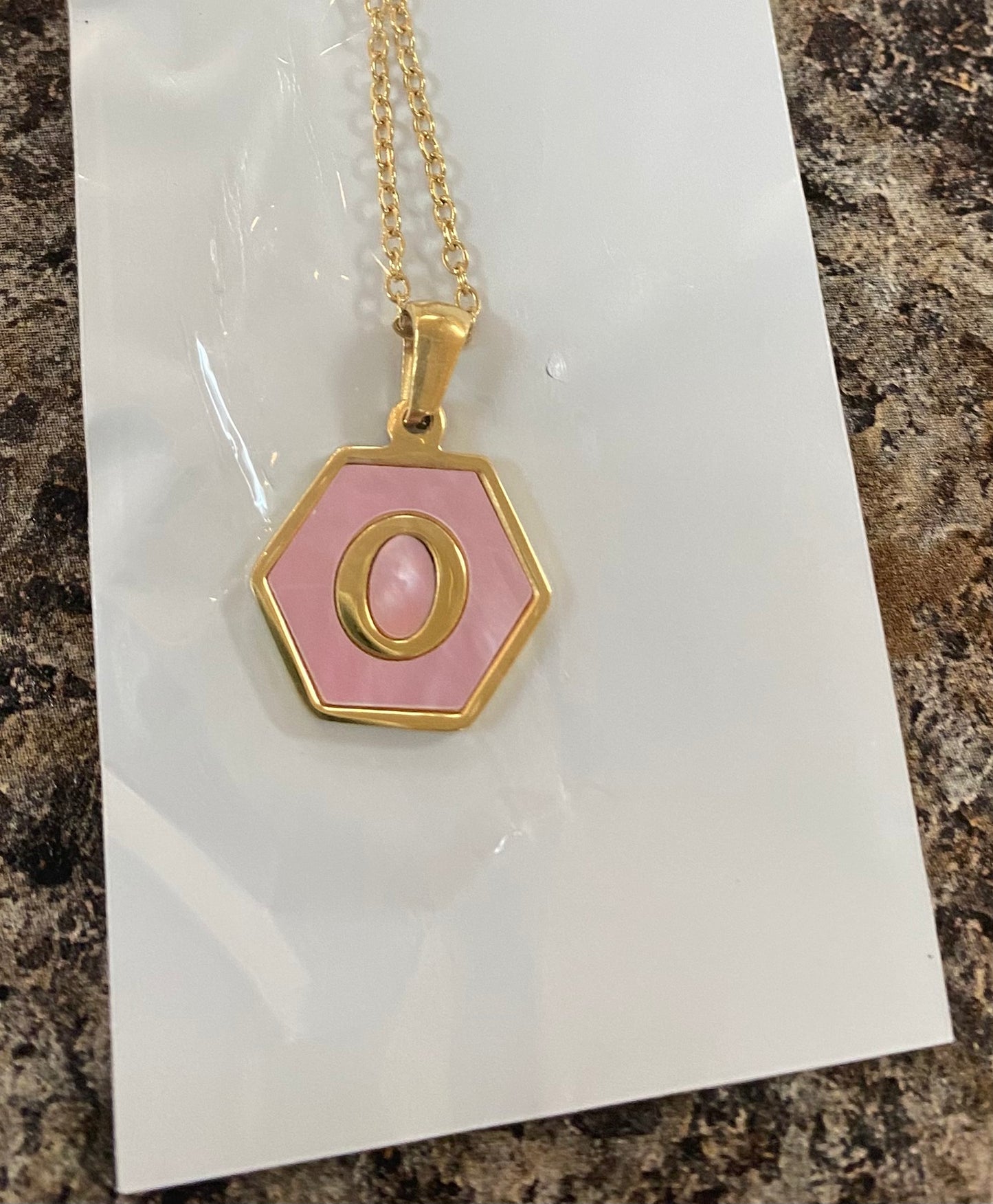 Pink Goldtone Hexagon Initial Necklace