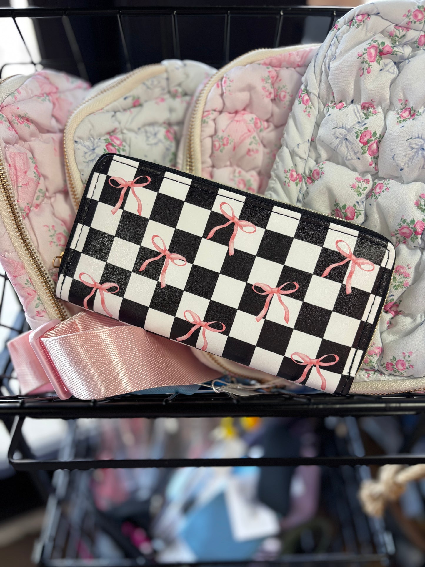 Pink Bow/Black and White Checkered Wallet