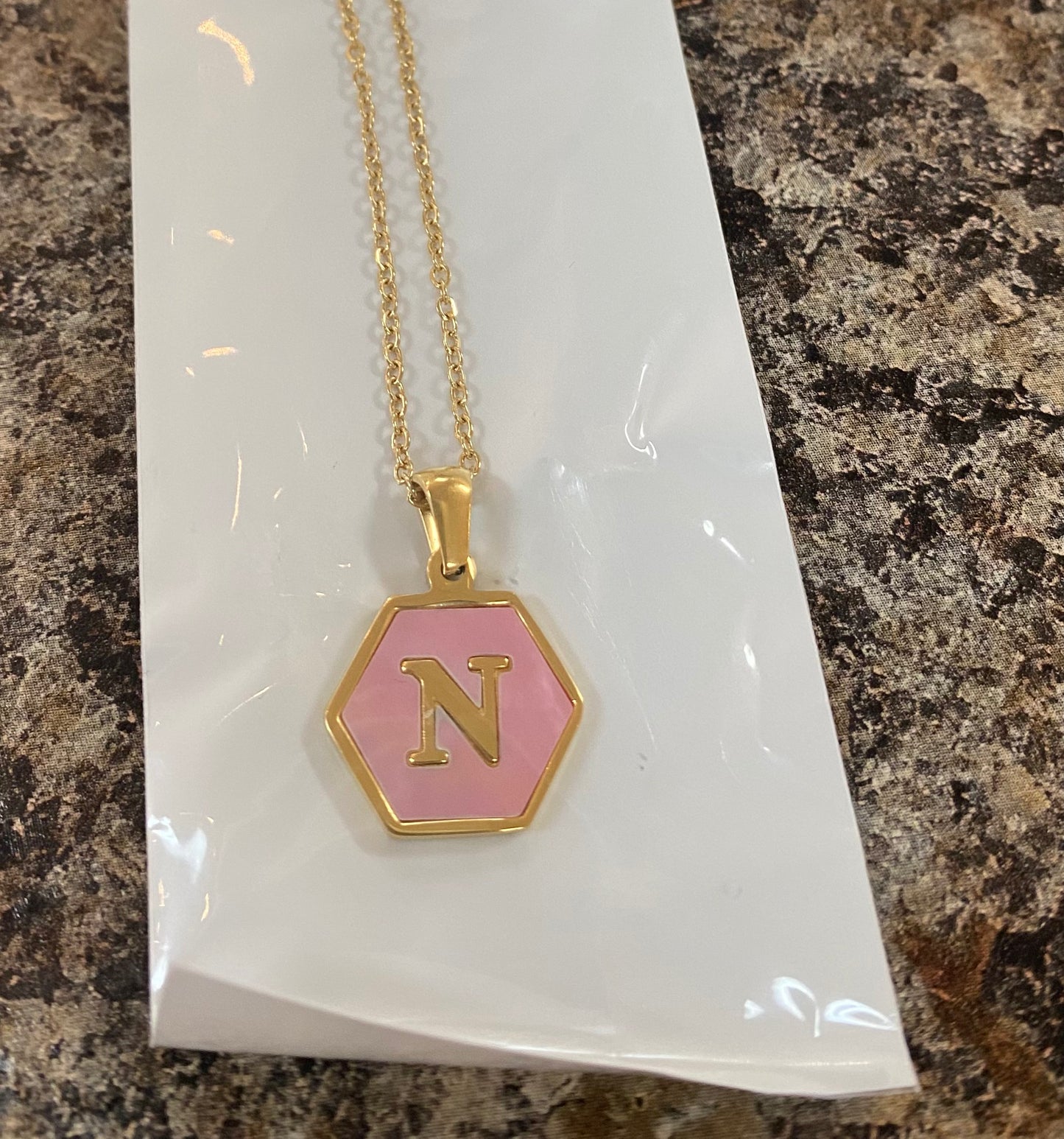 Pink Goldtone Hexagon Initial Necklace