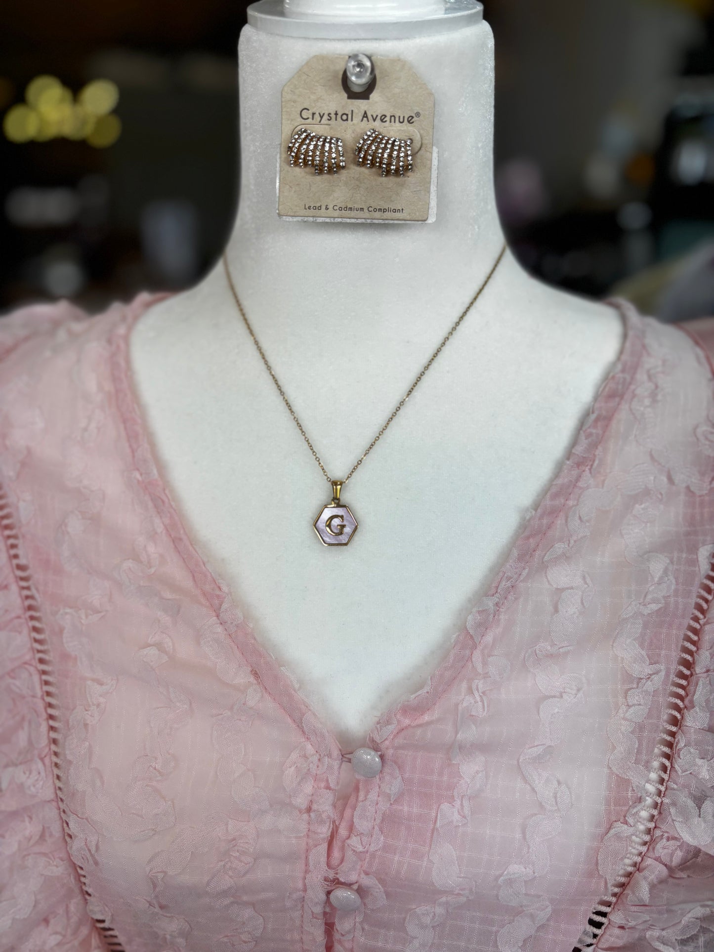 Pink Goldtone Hexagon Initial Necklace