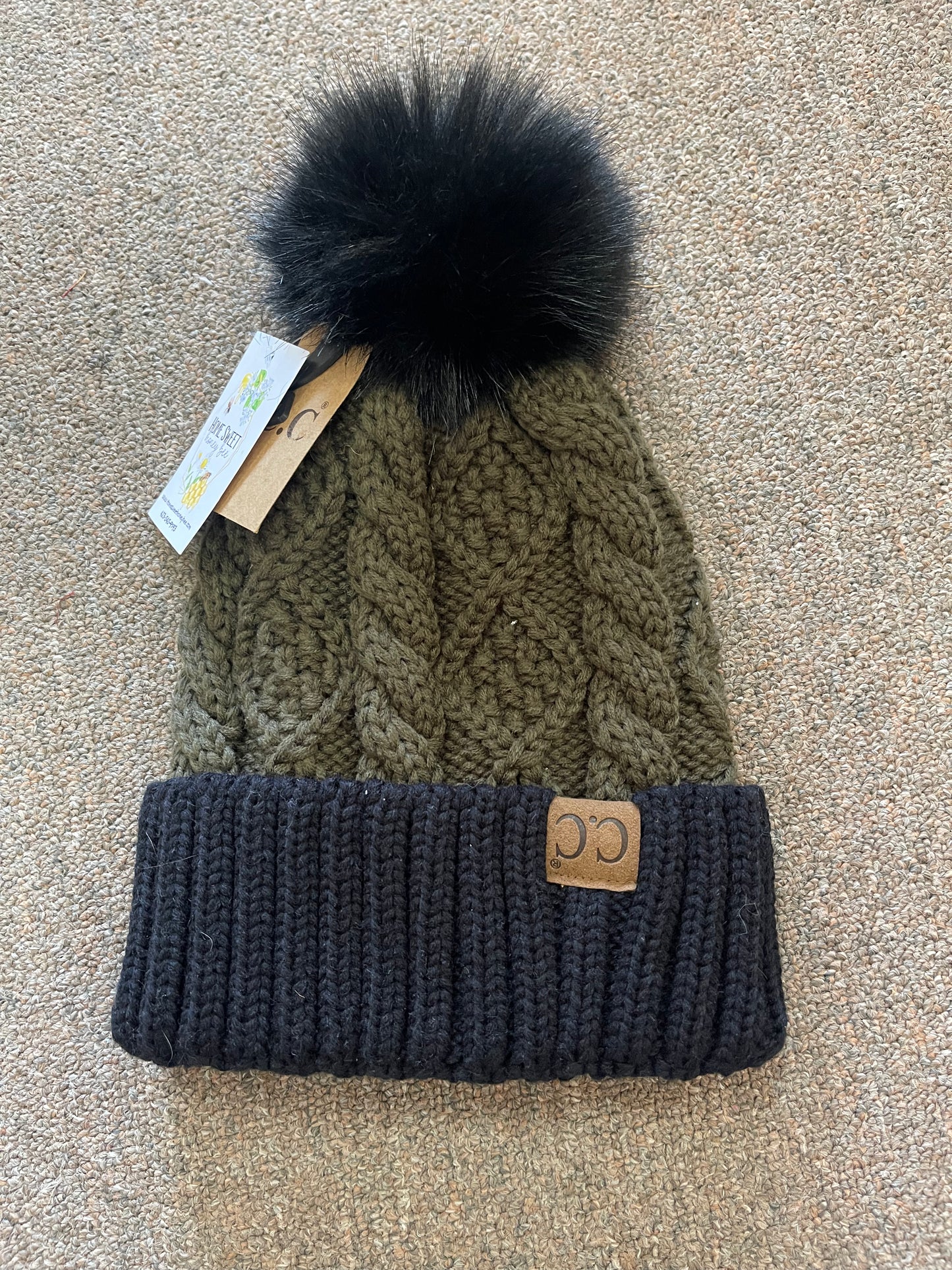 Green/Black Pom Pom CC Beanie