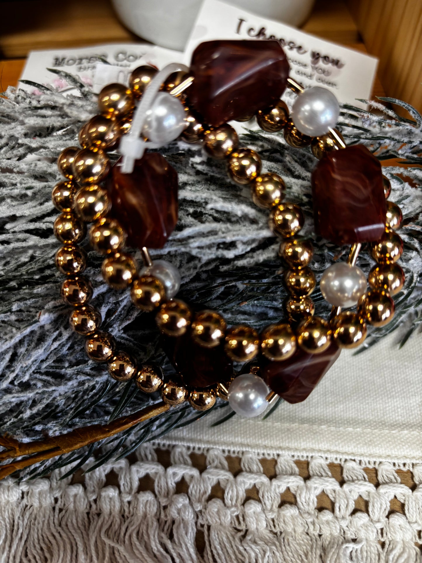 Beaded Faux Stone & Pearl Stretch Bracelet Set