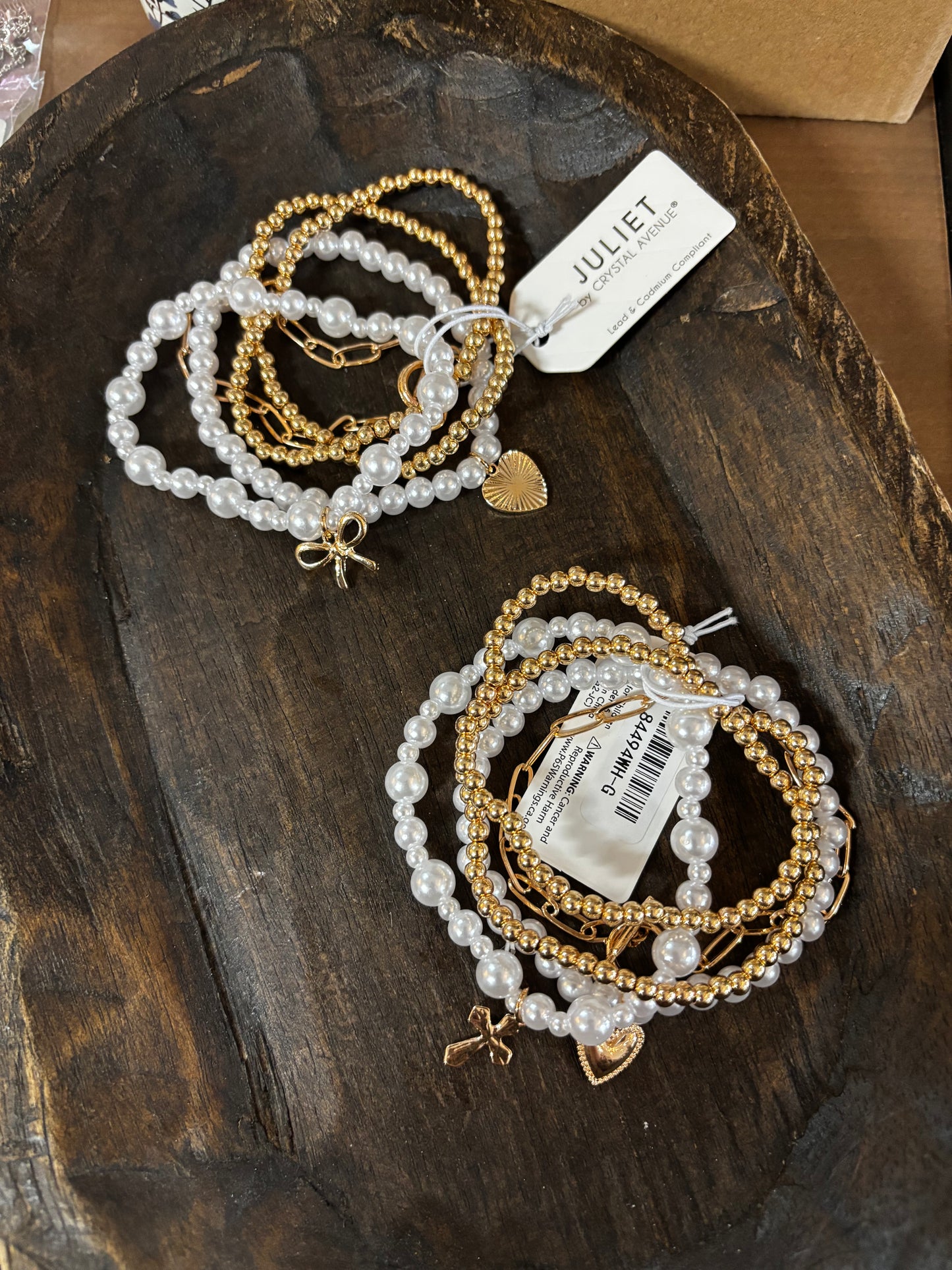 Gold and Pearl Bracelet Stack with Charm
