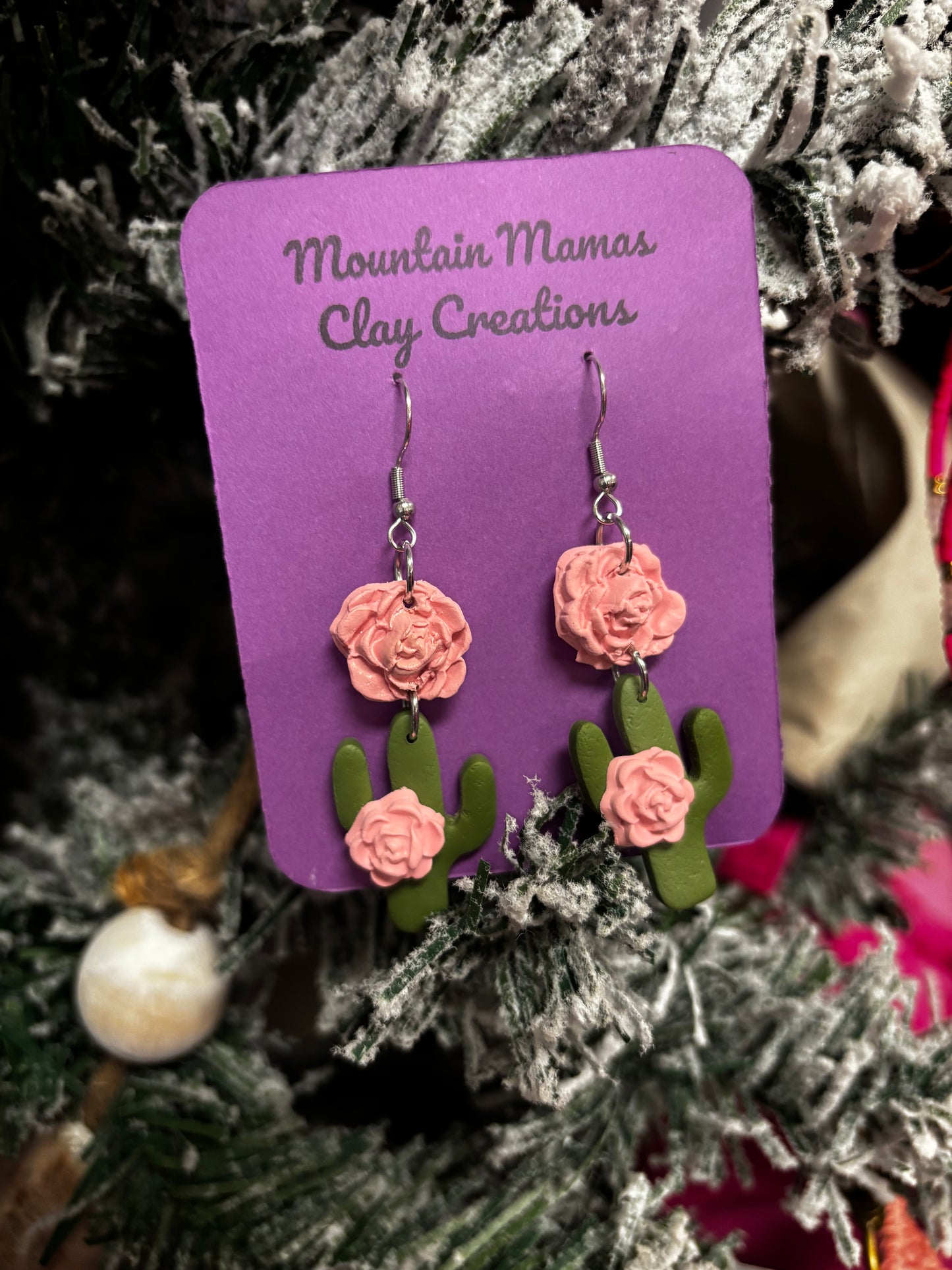 Cactus with Rose Dangle Clay Earrings