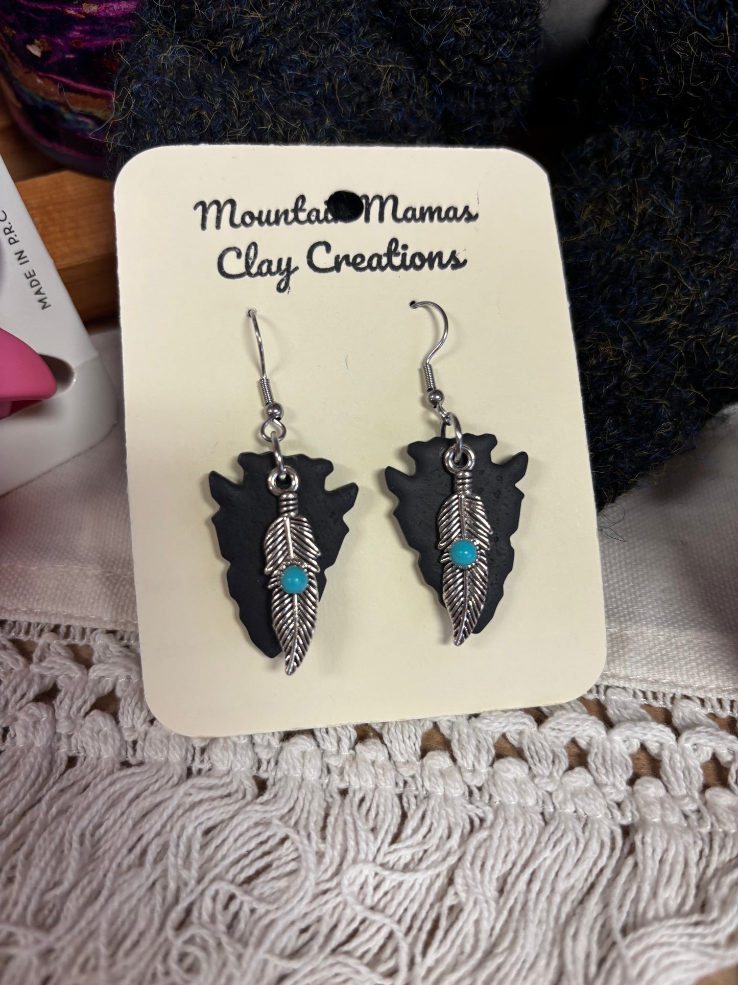 Arrowhead with Feather Clay Earrings