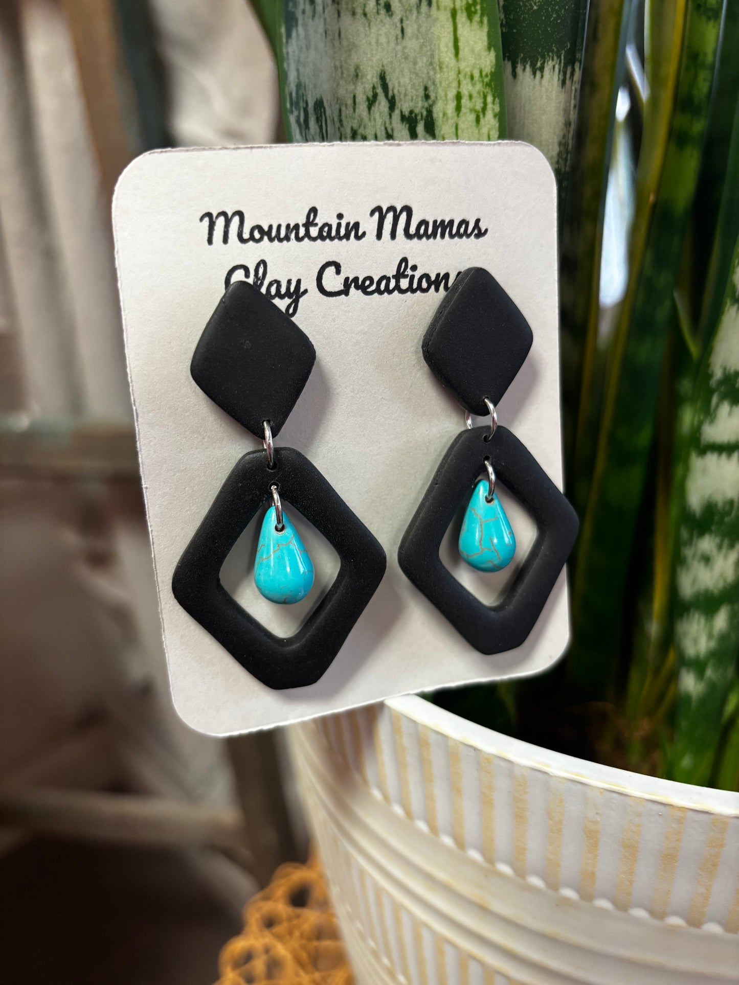 Black Triangle with Turquoise Clay Earrings