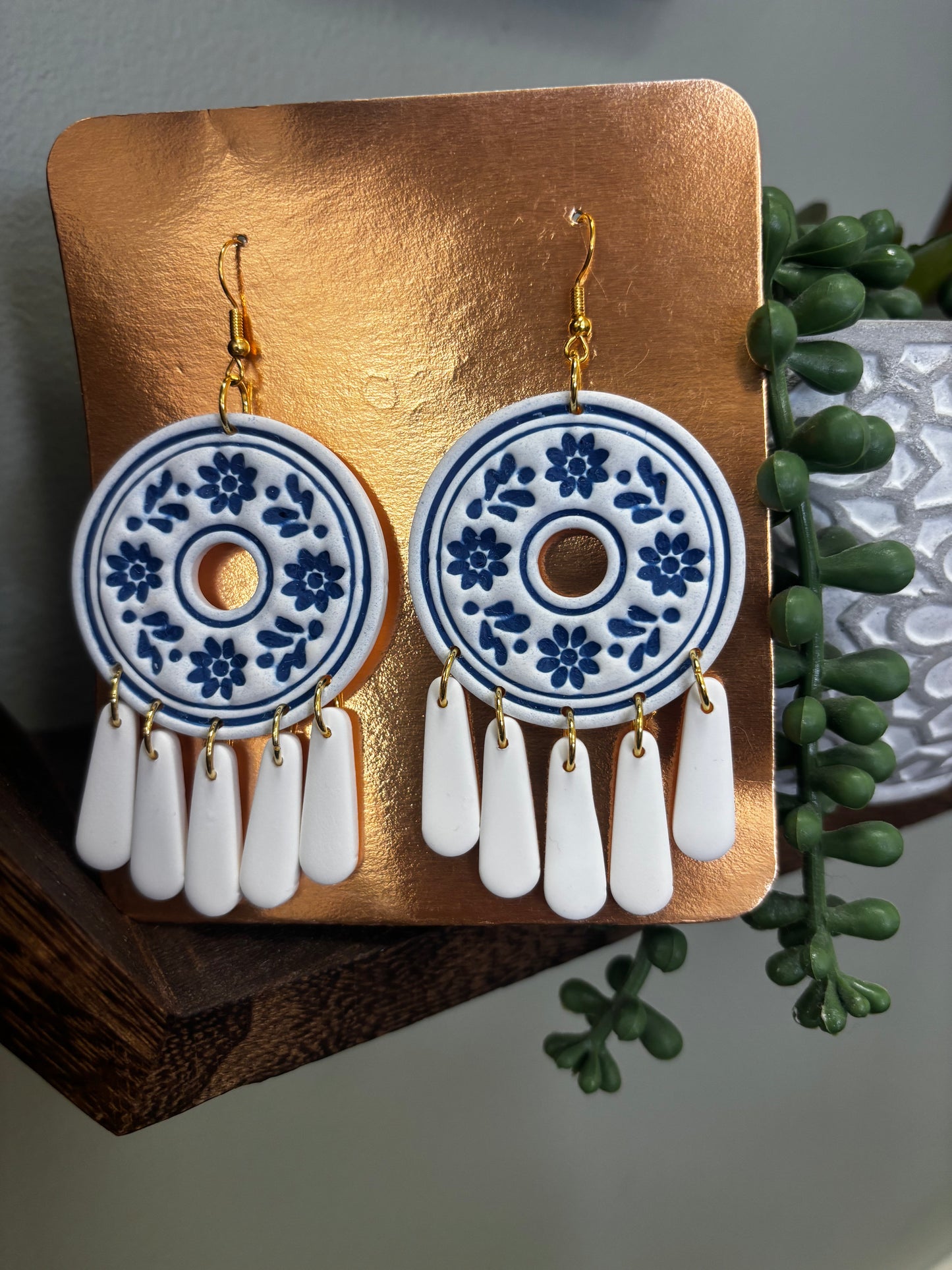 Clay Antique Floral Round Tassel Earrings