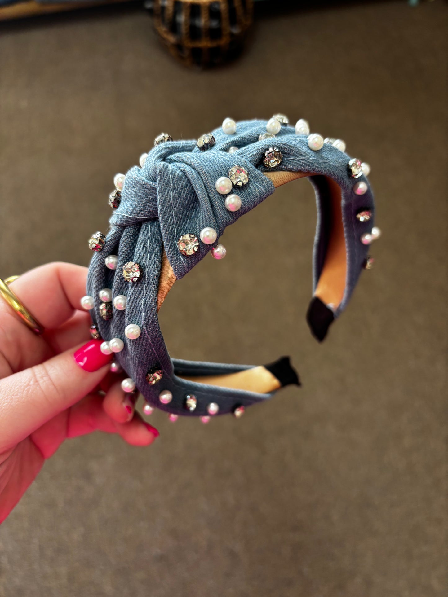 Denim Pearl and Rhinestone Headband