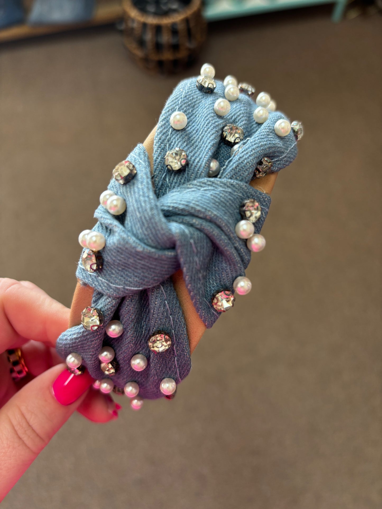 Denim Pearl and Rhinestone Headband