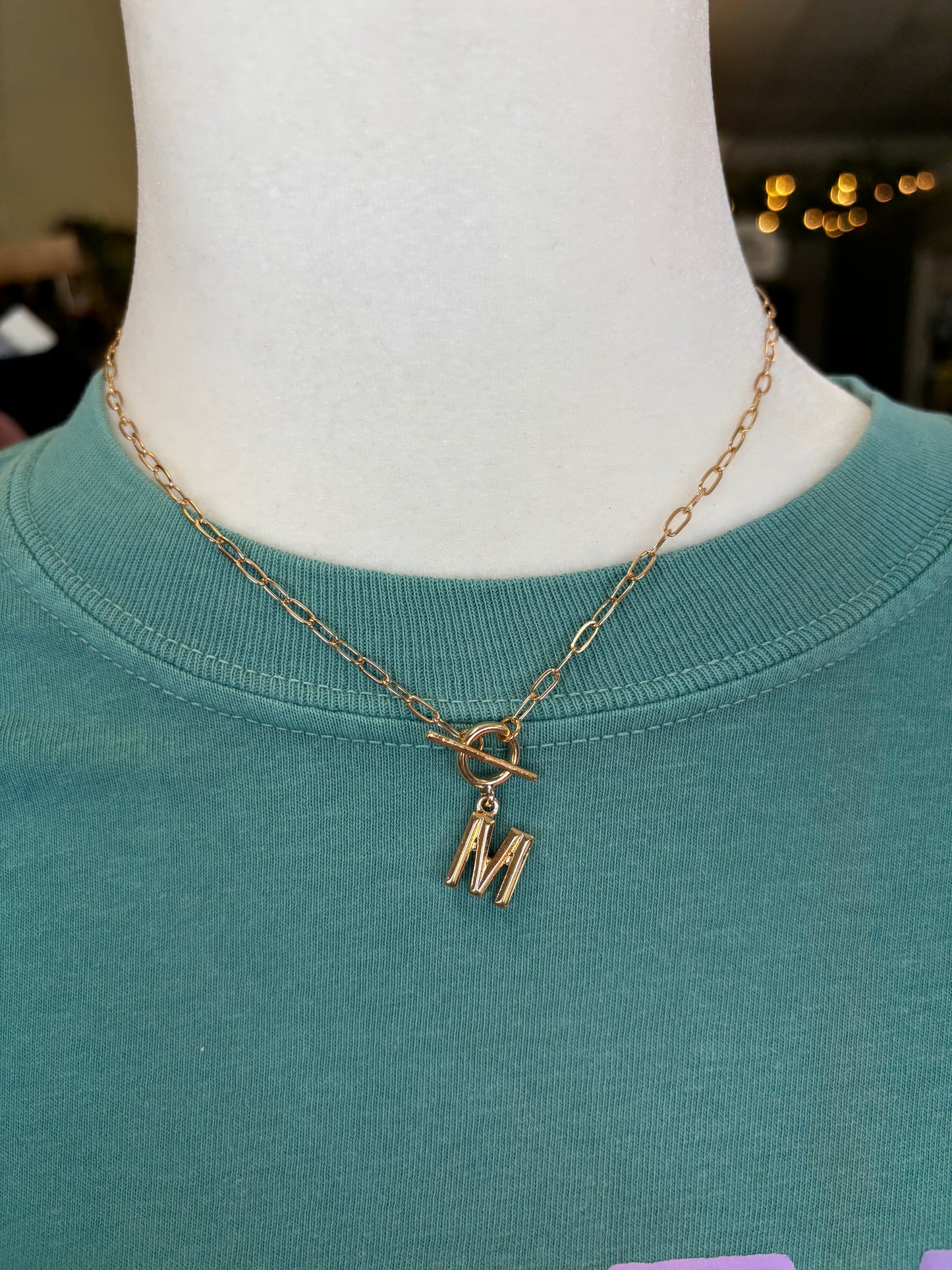Paperclip Initial T-bar Toggle Clasp Necklace