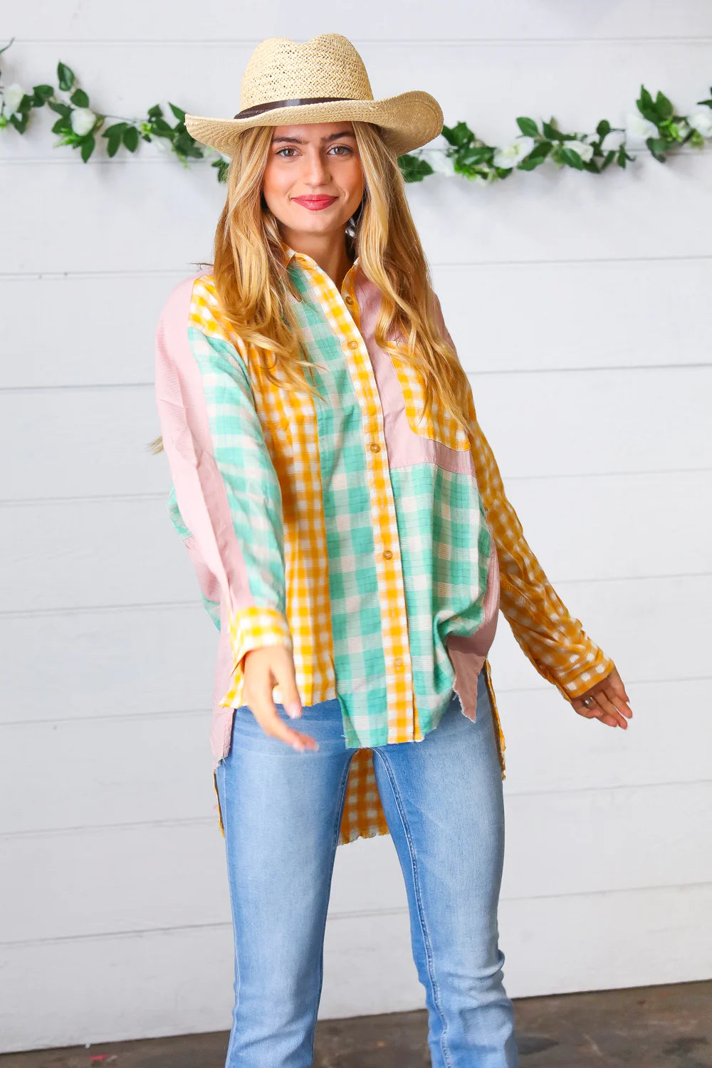 Mint Yellow Mauve Plaid Check & Stripe Patchwork Button Top