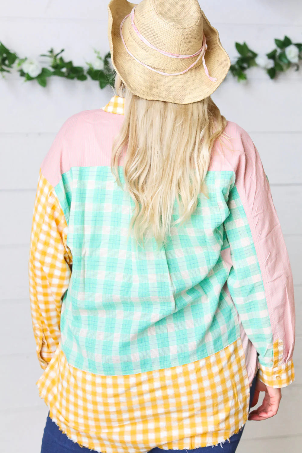 Mint Yellow Mauve Plaid Check & Stripe Patchwork Button Top