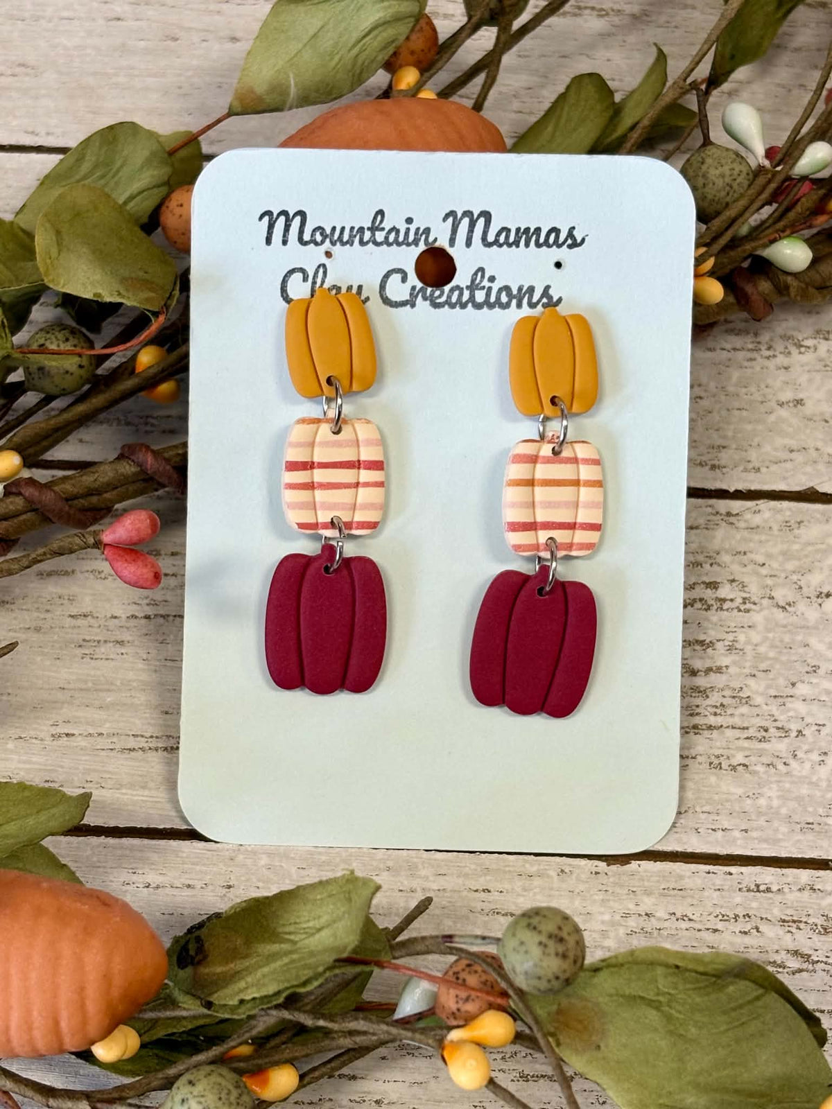 Three Drop Pumpkin Dangle Clay Earrings