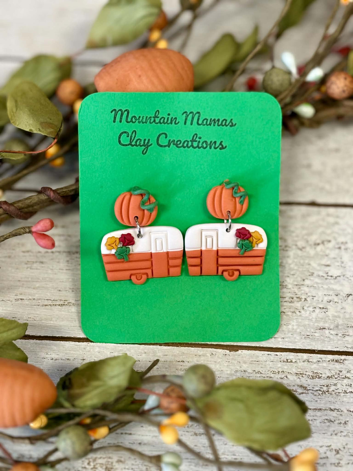 Fall Camper with Pumpkin Topper Clay Earrings
