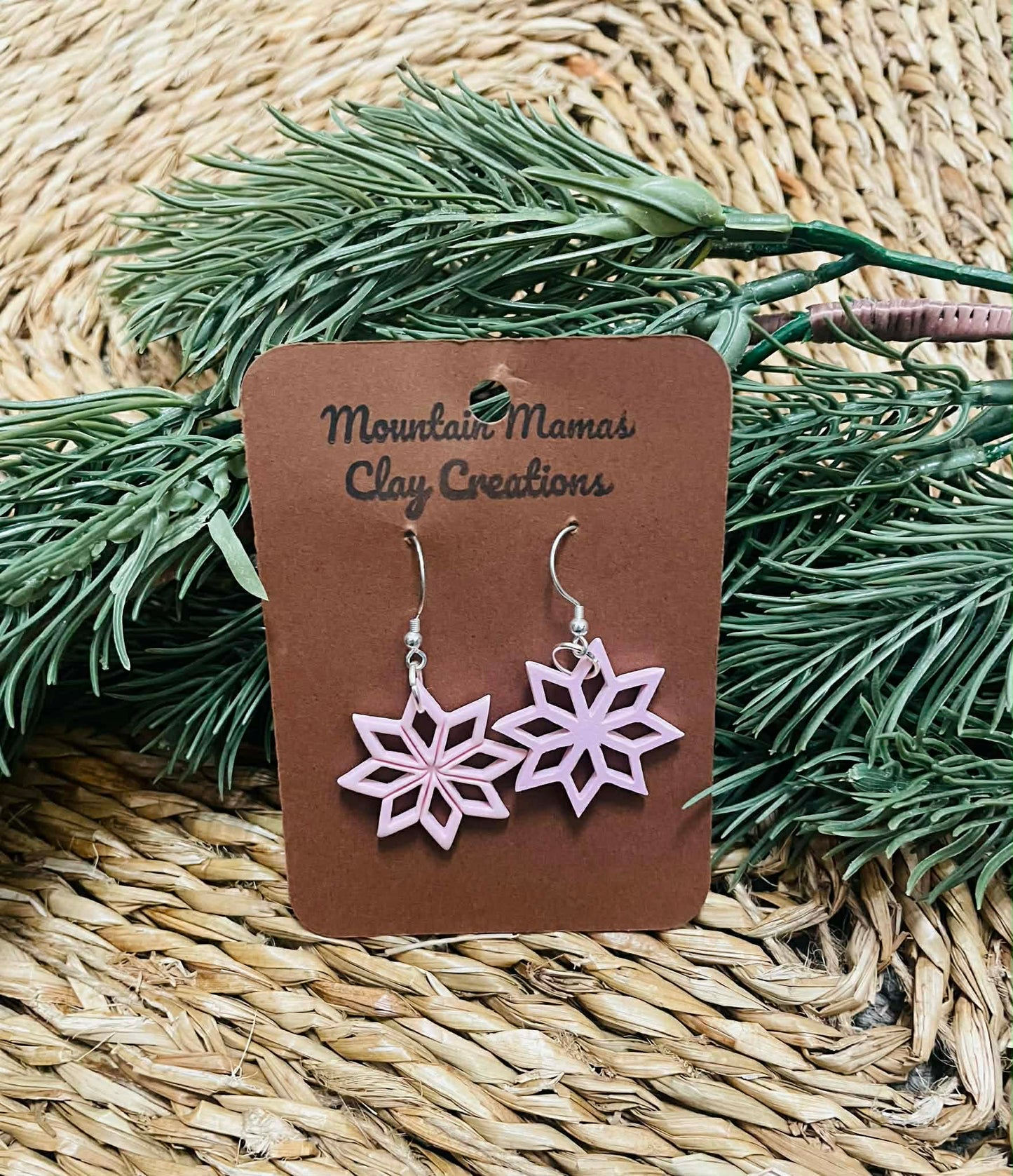 Clay Pink Snowflake Dangle Earrings