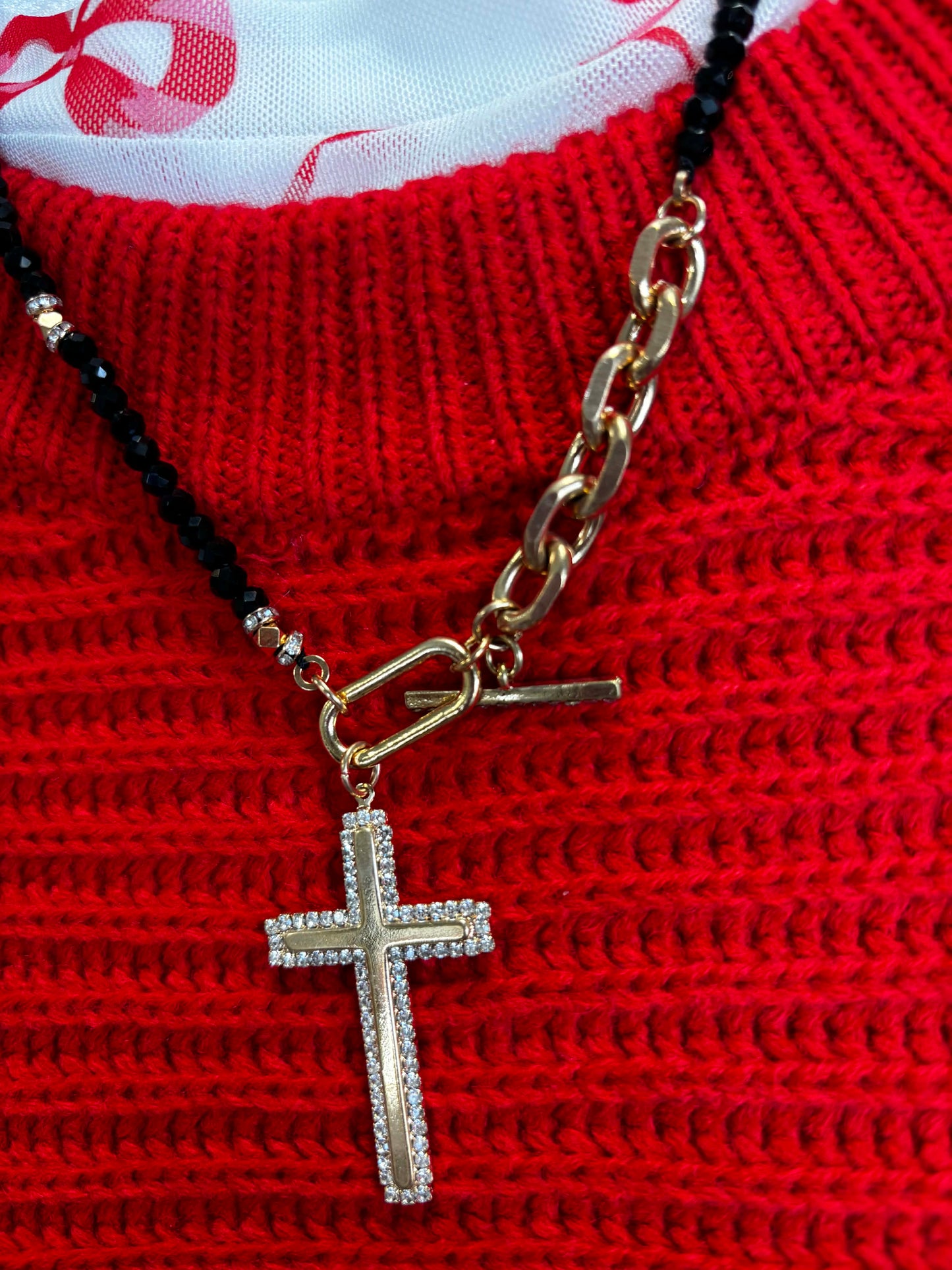 Black/Goldtone Beaded Faux Crystal Cross Necklace