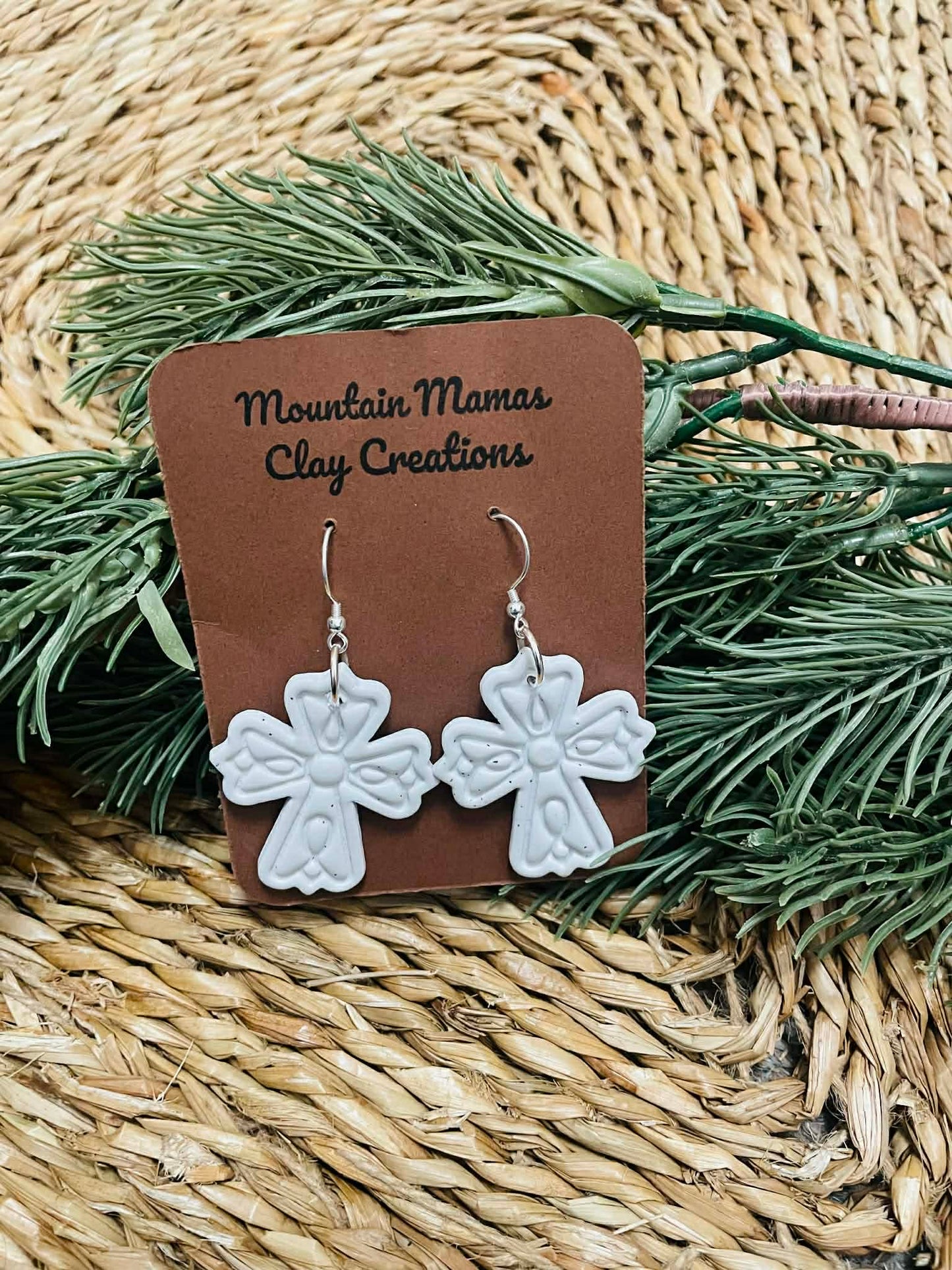 Clay Grey Speckled Cross Dangle Earrings