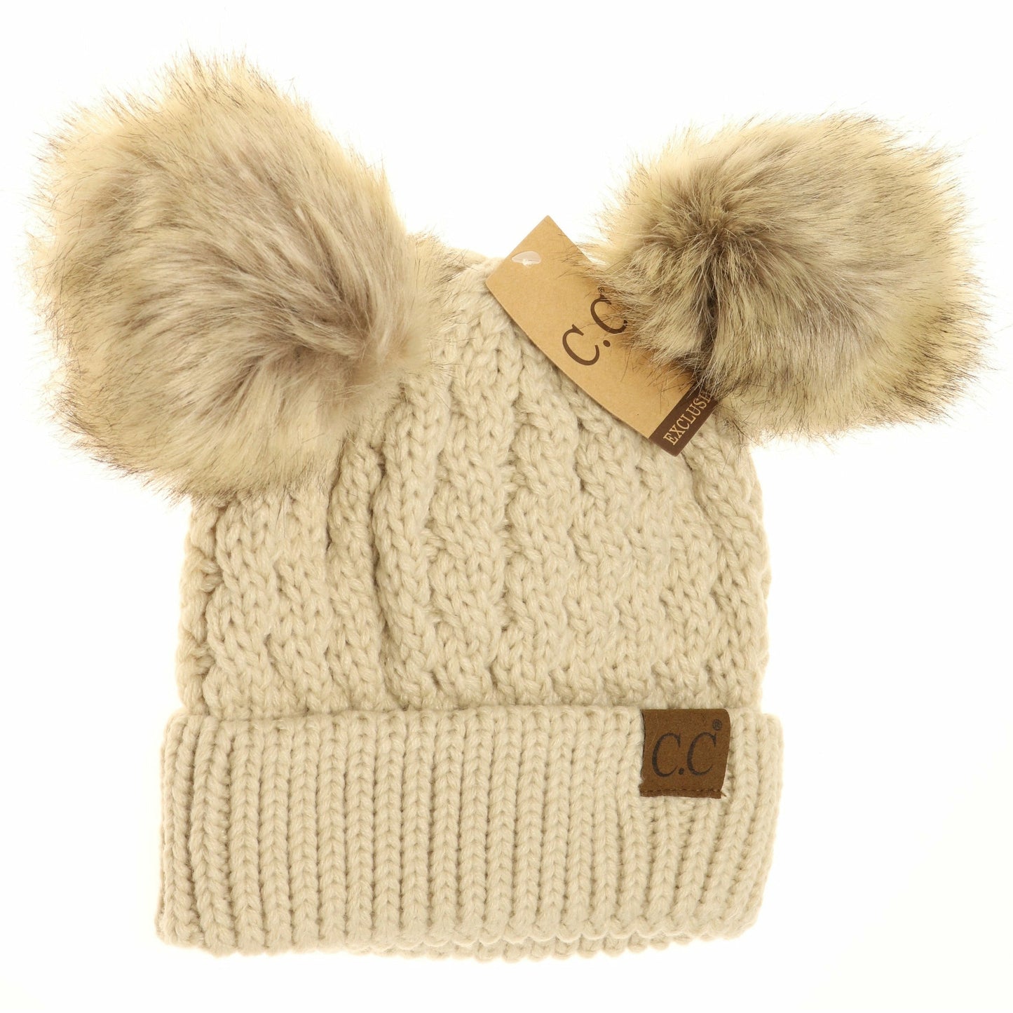 Cable Knit Double Pom CC Beanie