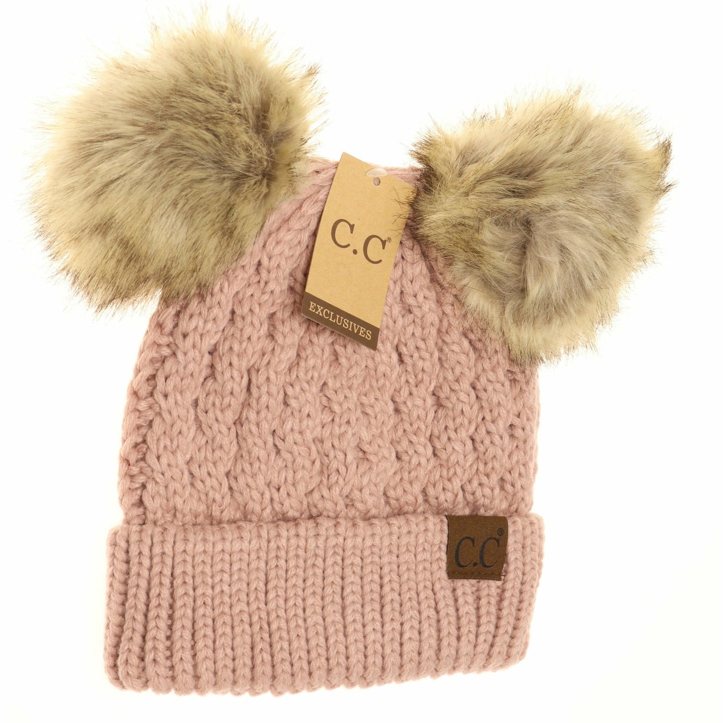 Cable Knit Double Pom CC Beanie