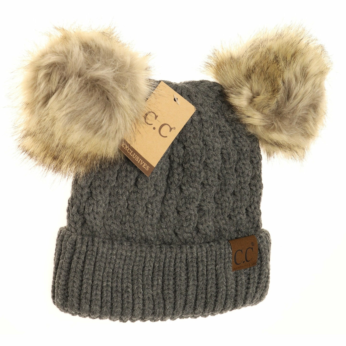 Cable Knit Double Pom CC Beanie