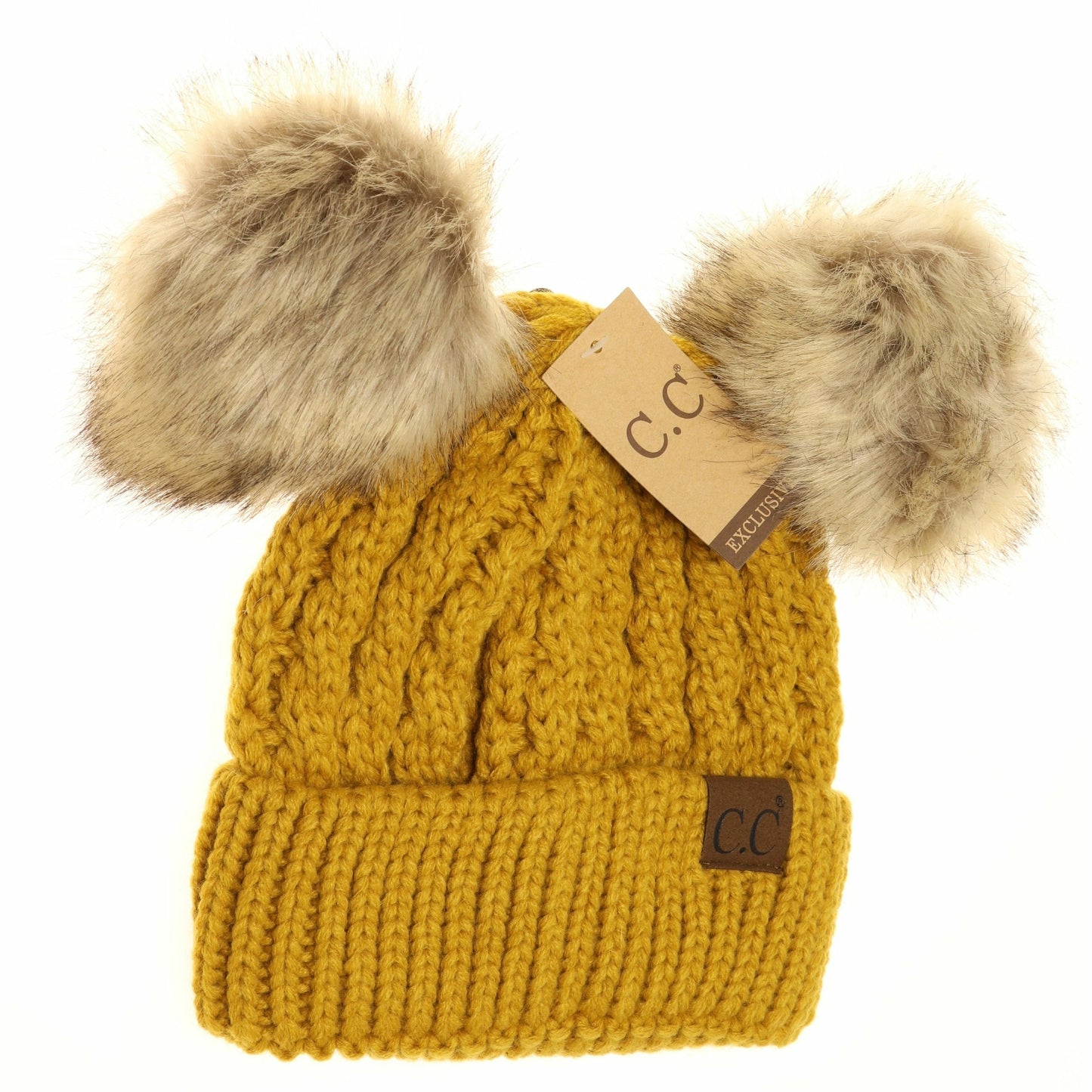 Cable Knit Double Pom CC Beanie