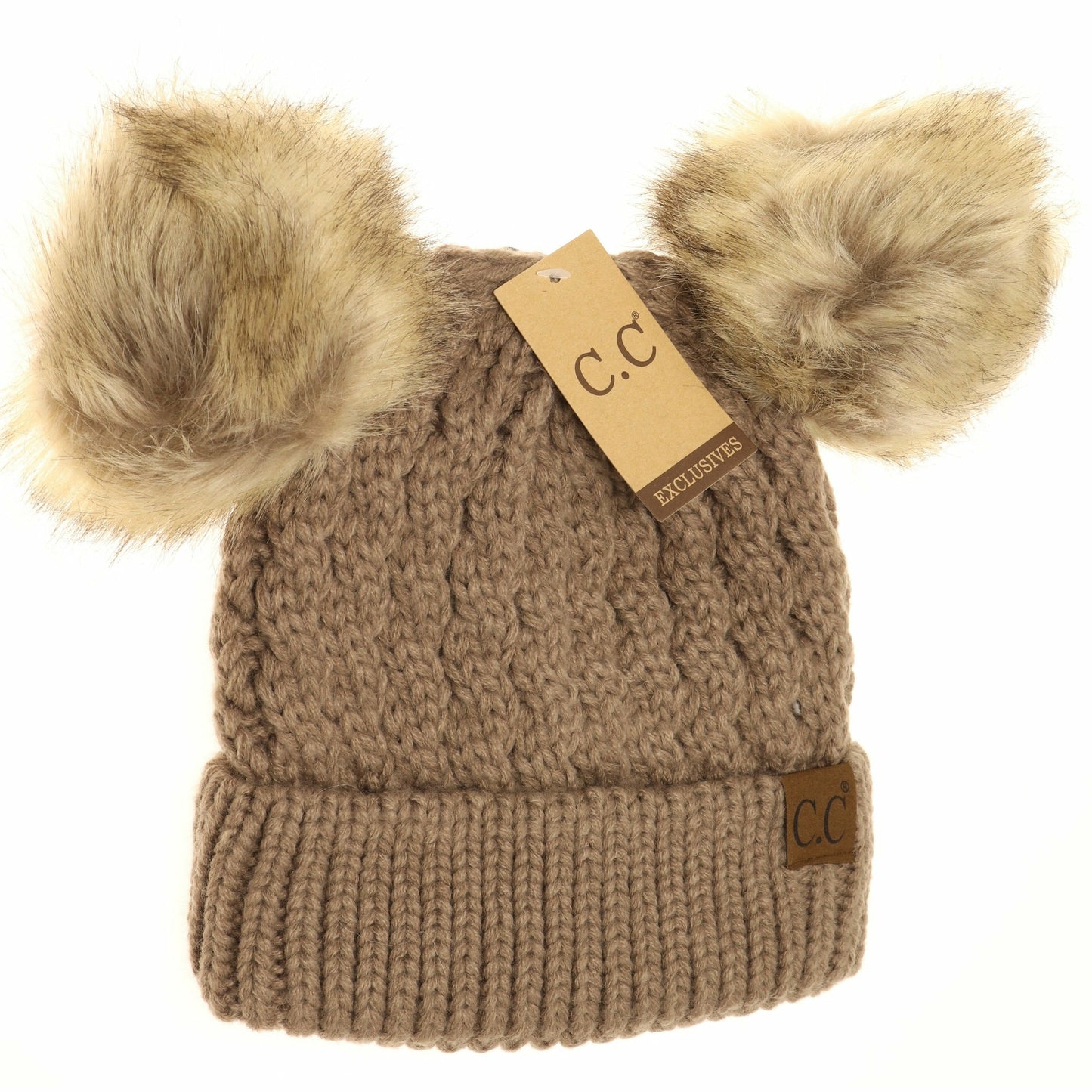 Cable Knit Double Pom CC Beanie