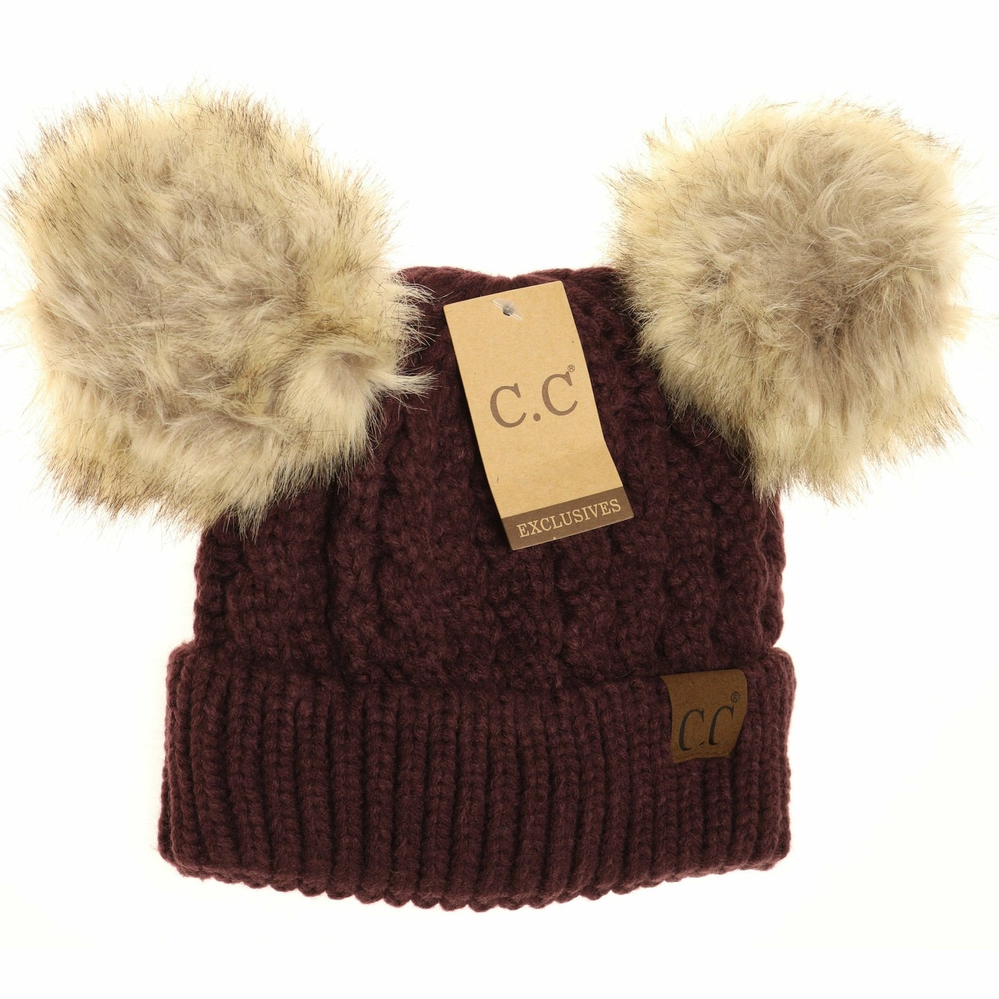 Cable Knit Double Pom CC Beanie