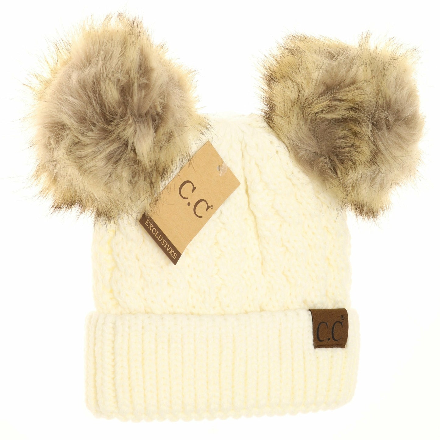Cable Knit Double Pom CC Beanie