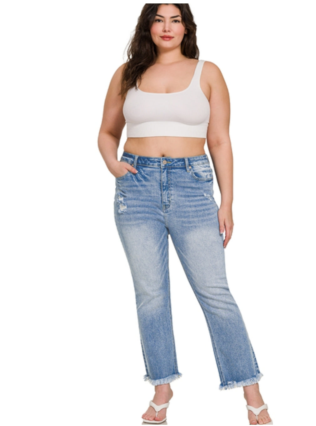 High Rise Straight raw hem cropped denim pants