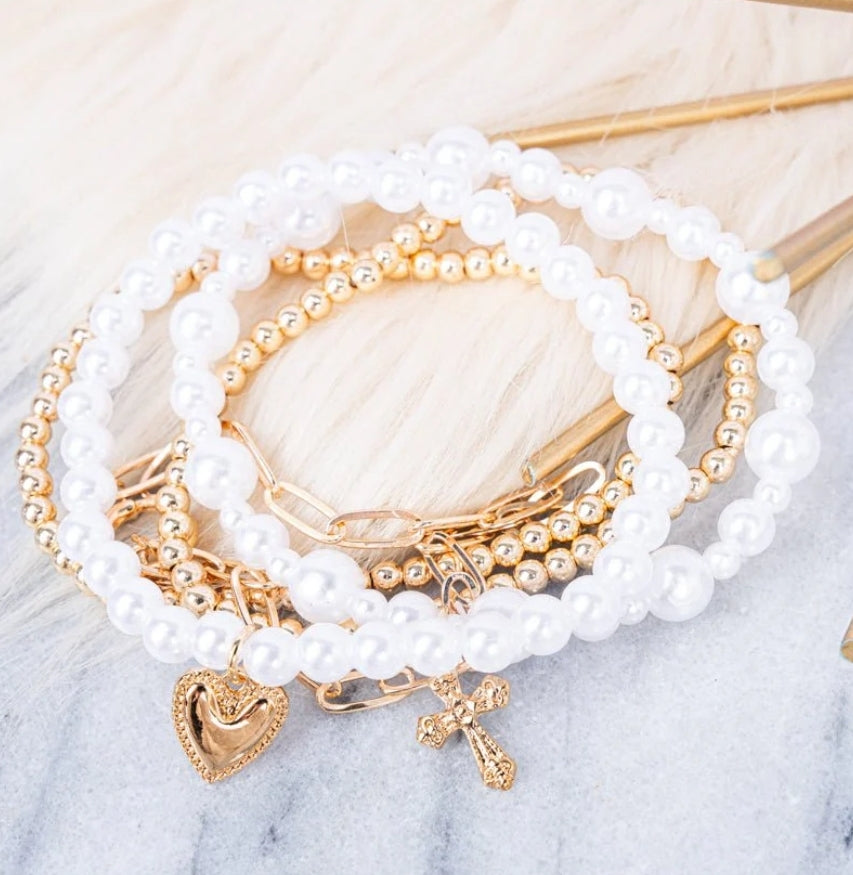 Gold and Pearl Bracelet Stack with Charm