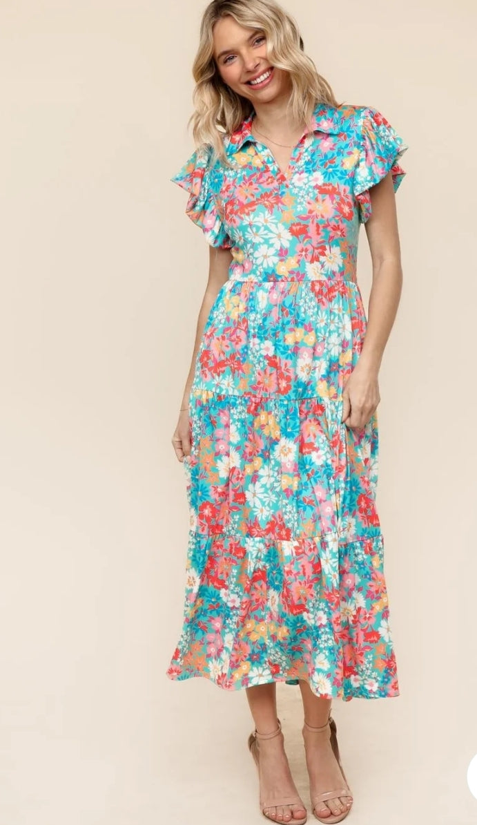 Blue Floral Collared Notch Neck Knit Dress W/Side Pockets(PREORDER)