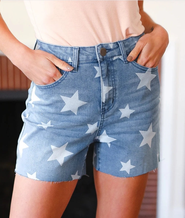 Plus Size Light Wash Star Print High Rise Denim Patriotic Shorts
