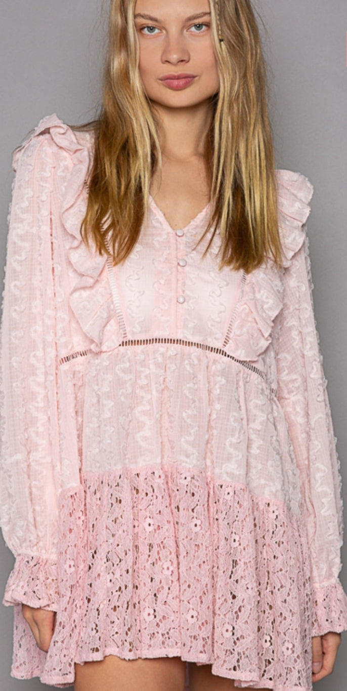 Strawberry Pink Long Sleeve Lace POL Top